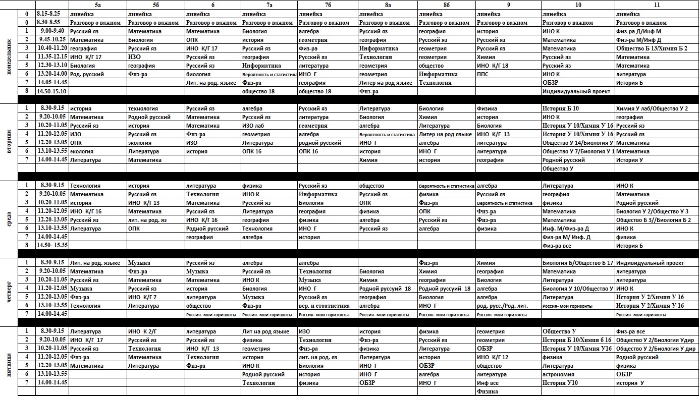 Расписание учебных занятий пятых - одиннадцатых классов на 2023-2024 учебный год